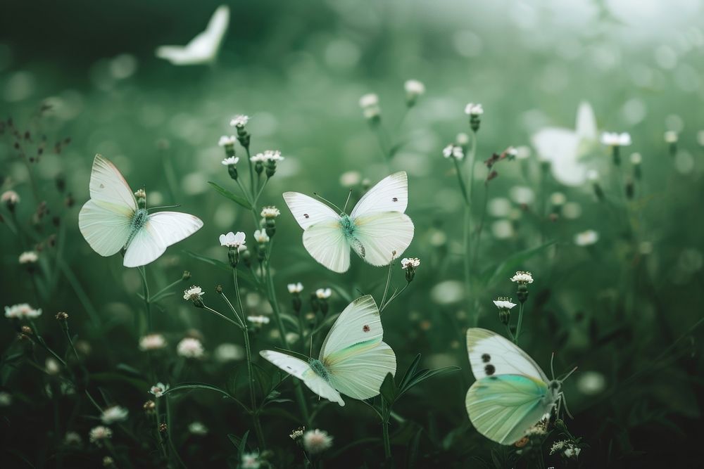 White flying butterflies flower green butterfly.