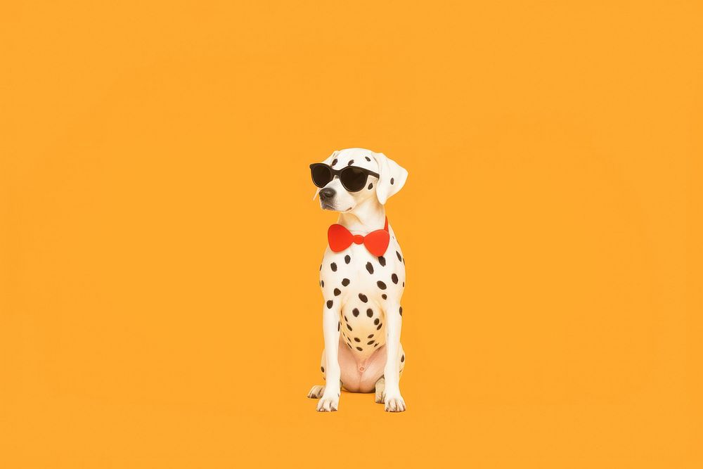 A dalmatian dog wearing sunglasses on a yellow background animal mammal humor. AI generated Image by rawpixel.