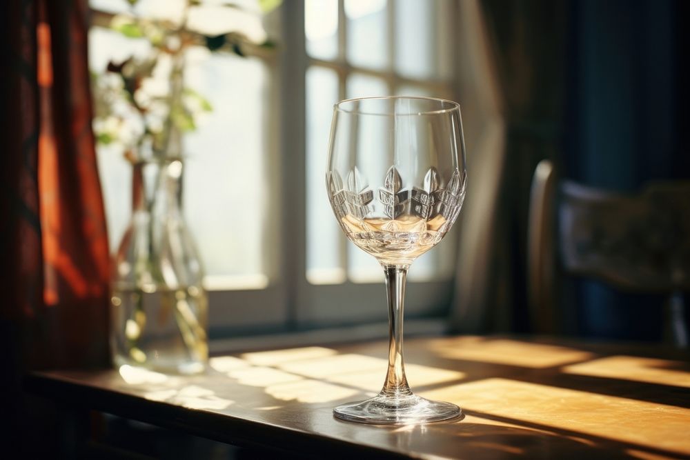 Wine glass table window drink.