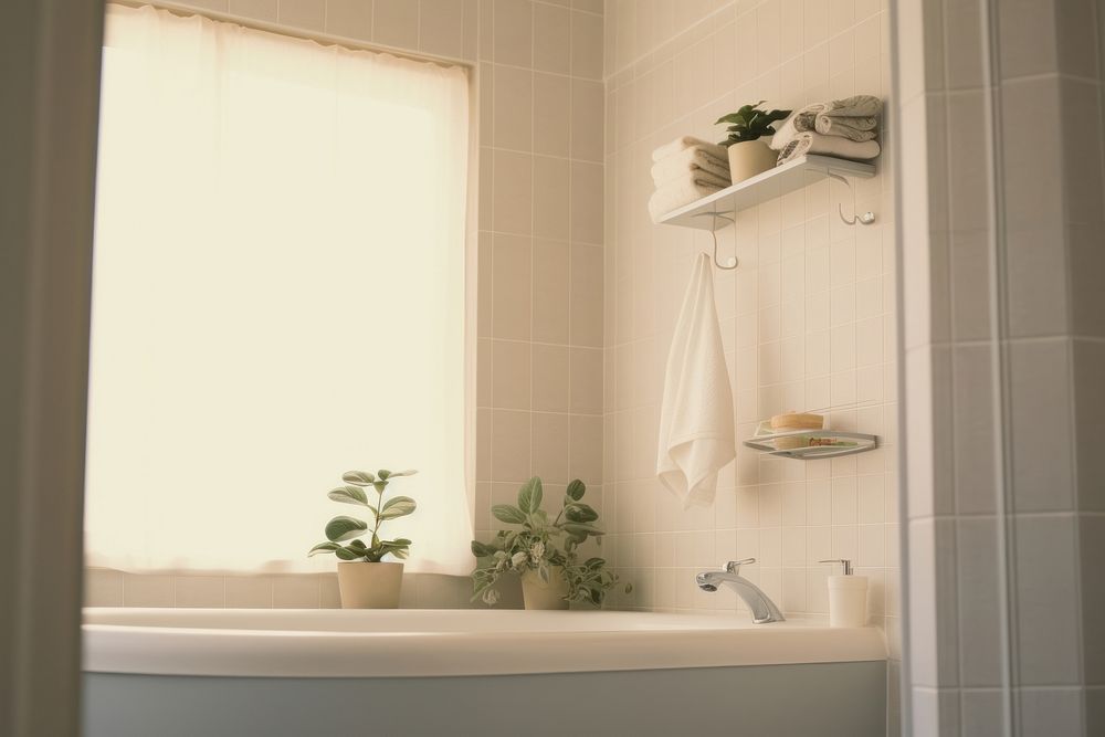 Bathroom bathtub window plant.