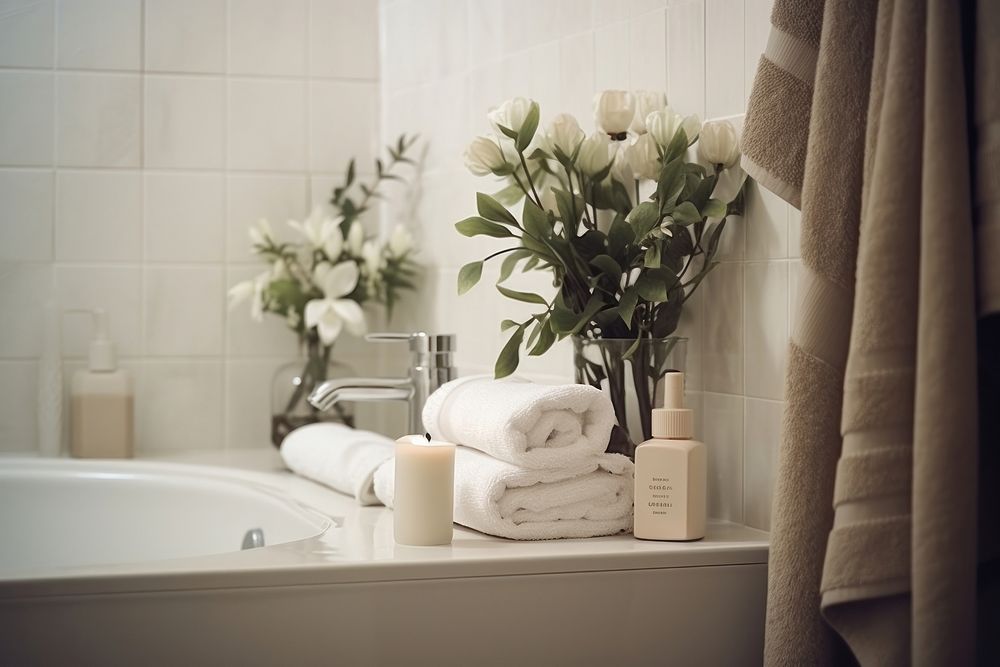 Bathroom bathtub flower towel.