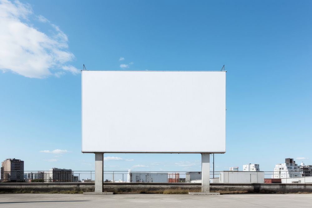 A photo of blank white tall billboard  on building wall blue sky advertisement.
