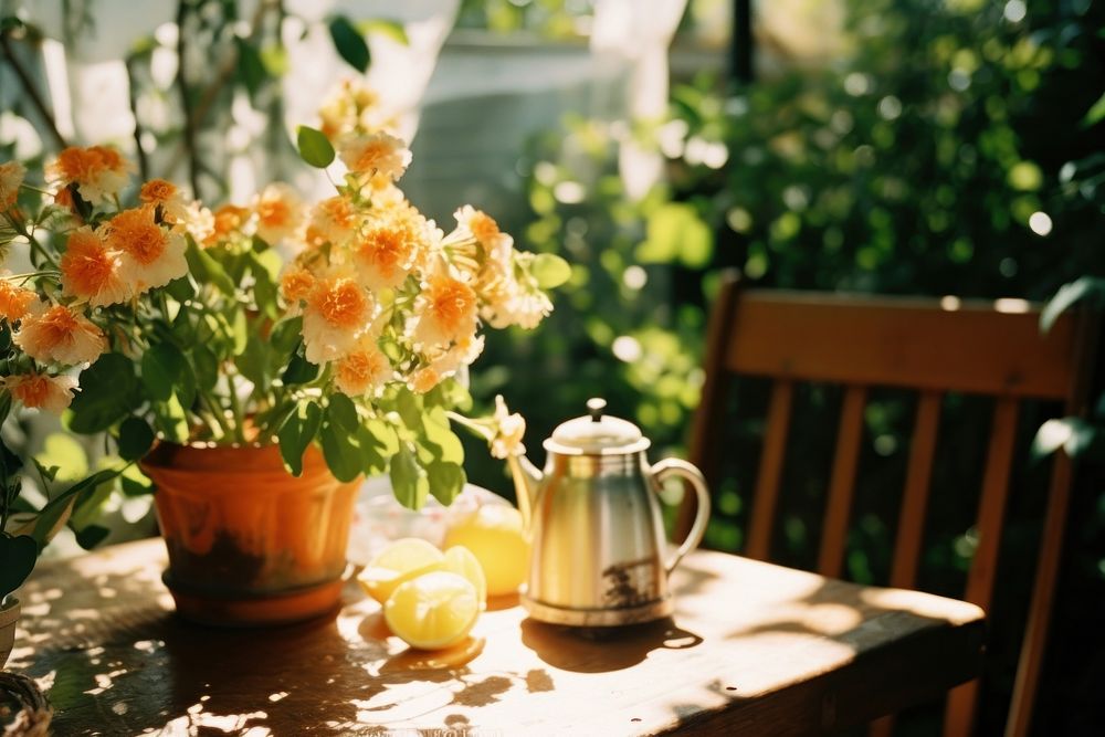 Gardening item table outdoors teapot.