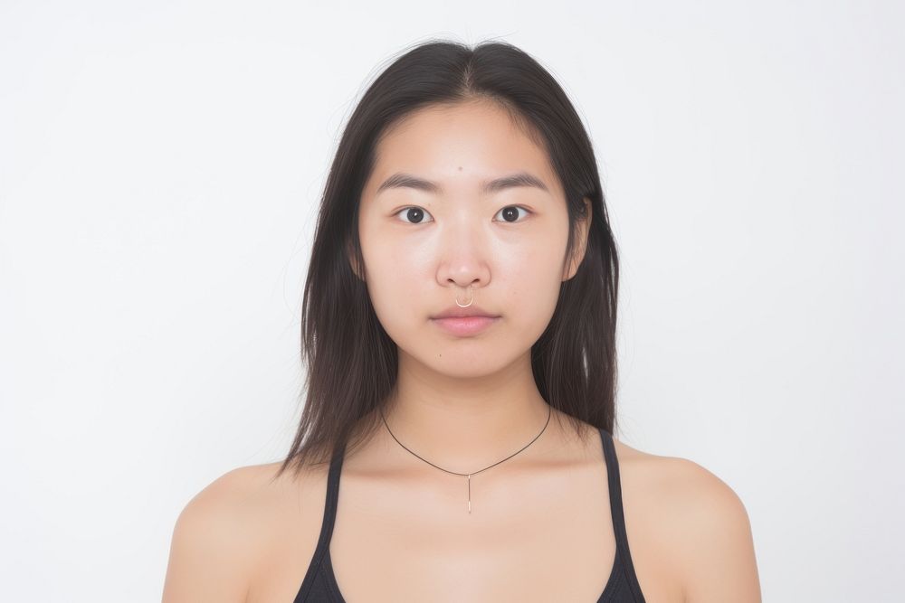 Asian girl piercing septum portrait necklace jewelry.