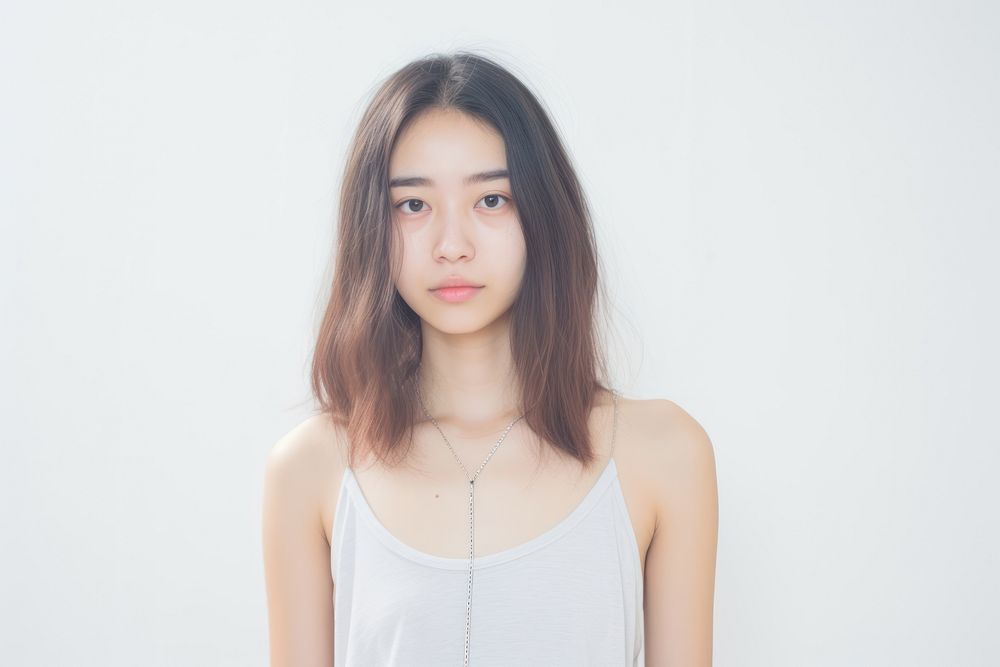 Asian girl piercing septum portrait necklace white.