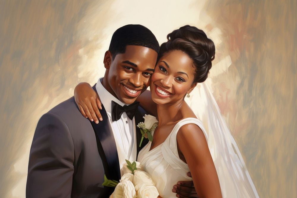 African american bride and groom smiling portrait fashion wedding.