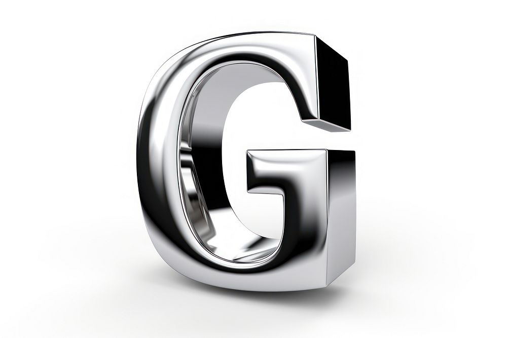 G letter shape Chrome material silver text white background.