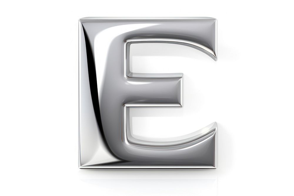 E letter shape Chrome material number text white background.