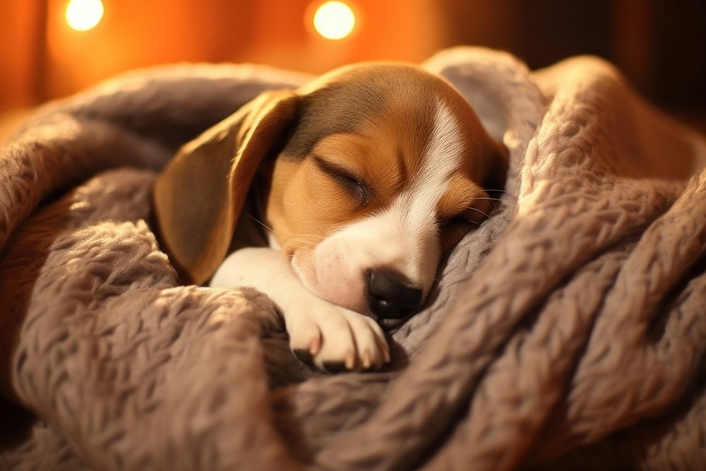 Beagle puppy in cozy bed blanket mammal animal.