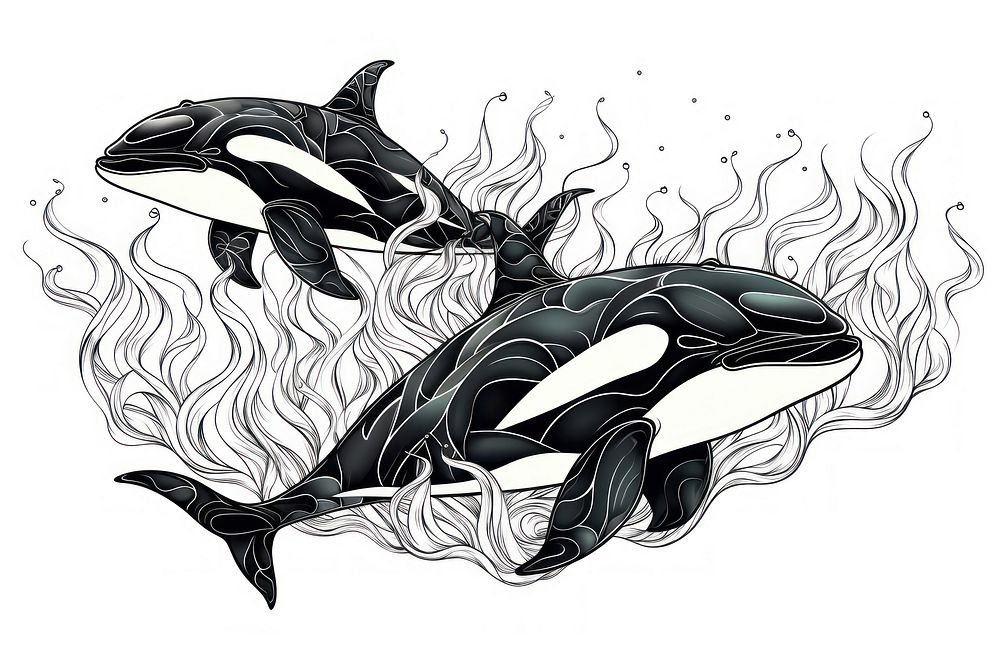Orca whales drawing animal sketch.