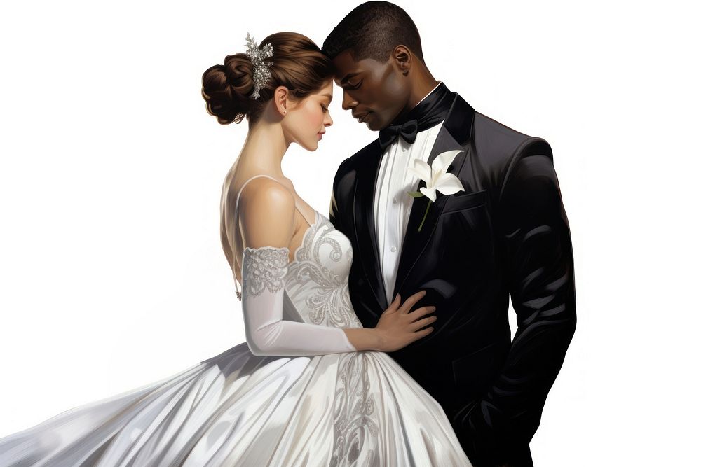 Black groom white bride fashion wedding tuxedo.