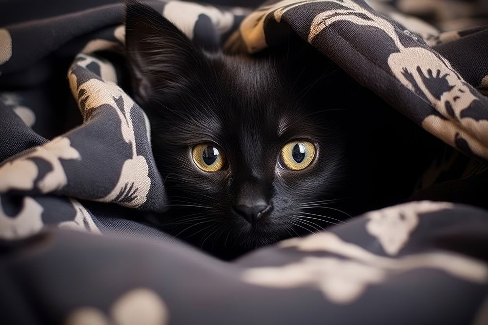 Black kitten in cozy white bed blanket mammal animal.