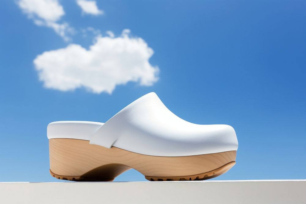 Blank white minimalist split suede clogs shoes footwear blue sky.