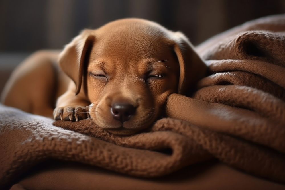 Brown puppy in cozy bed blanket animal mammal.