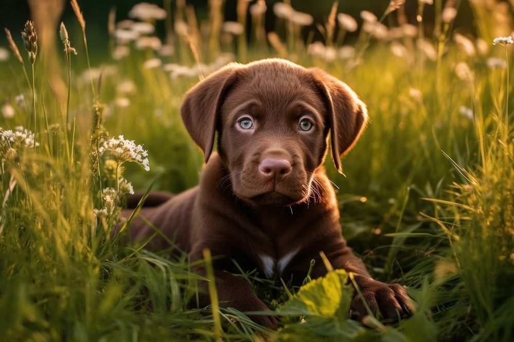 Brown puppy in grass field outdoors animal mammal.