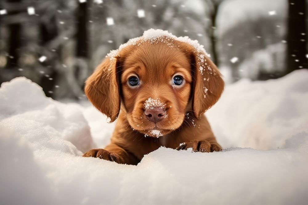 Brown puppy in snow animal mammal dog.