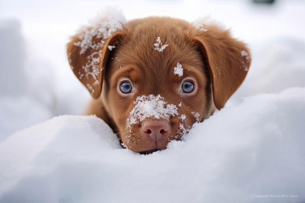 Brown puppy in snow mammal animal dog.