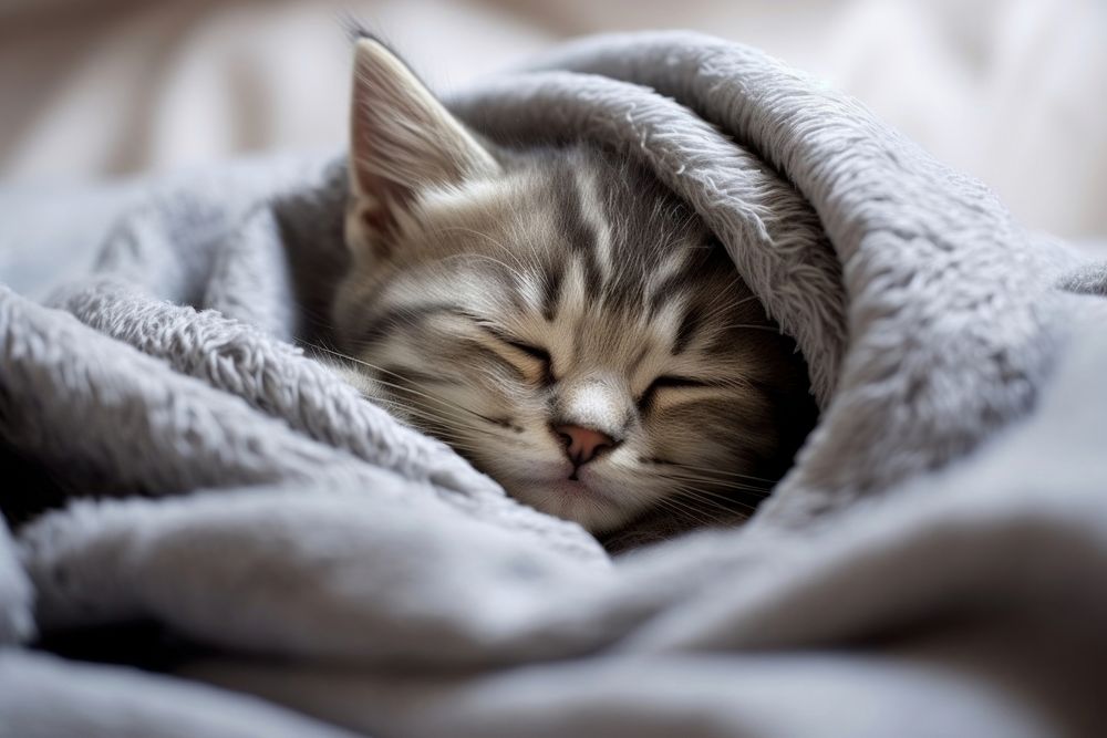 Gray kitten in cozy bed blanket mammal animal.