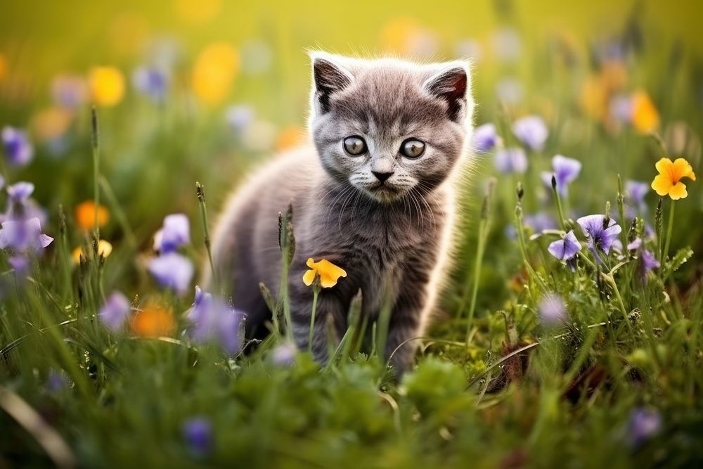 Grey kitten in field outdoors animal mammal.