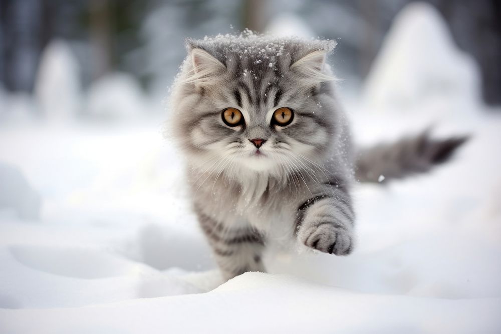 Grey kitten playing in snow outdoors mammal animal.