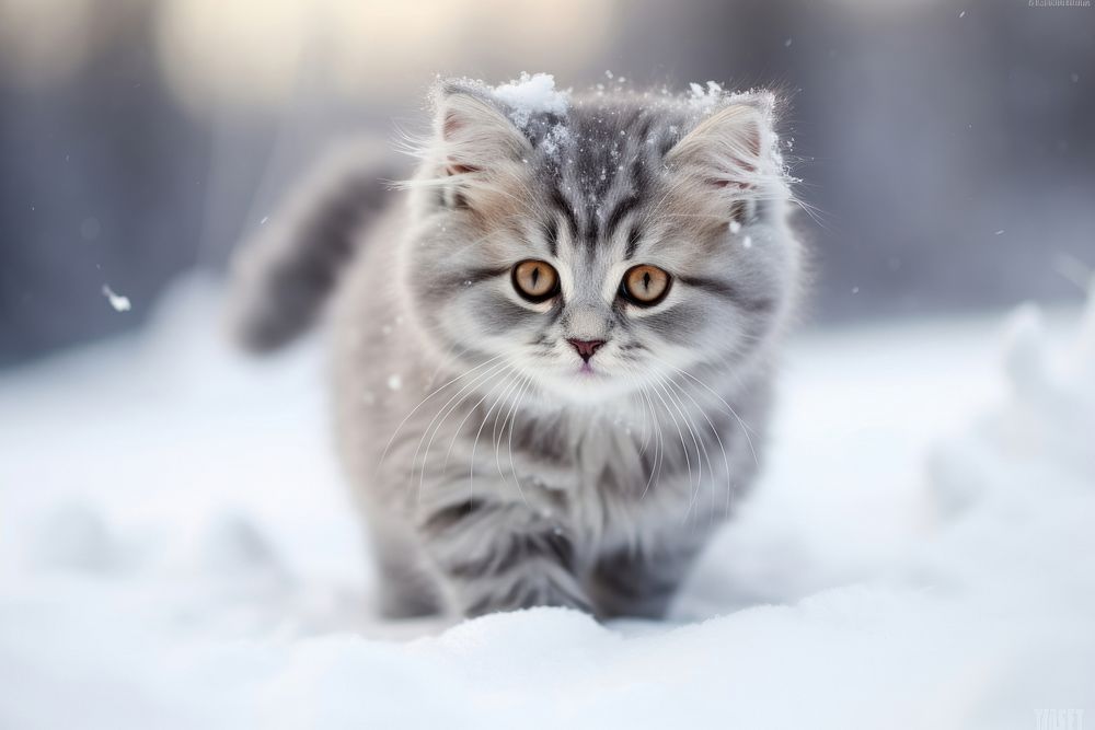Grey kitten playing in snow animal mammal pet.