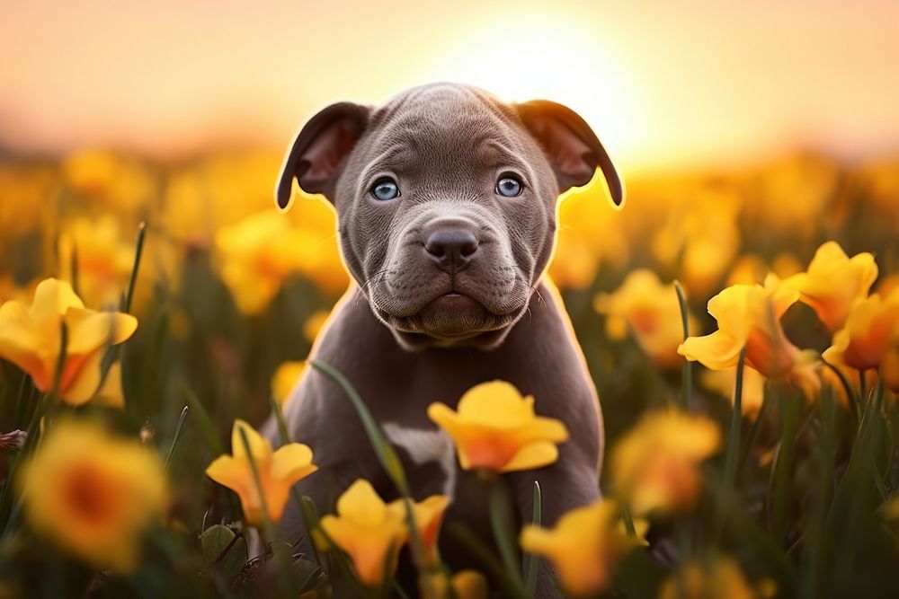 Grey pitbull puppy in flower field outdoors bulldog animal.