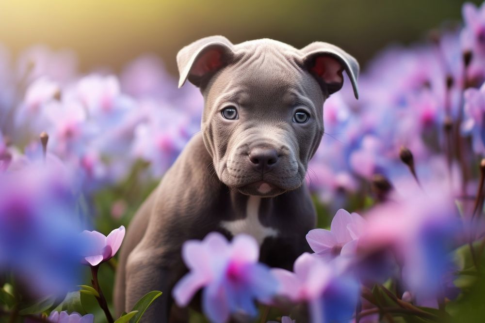 Grey pitbull puppy in flower field outdoors animal mammal.