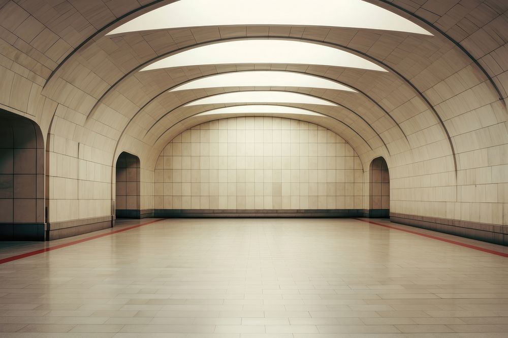 Empty metro station flooring architecture illuminated.