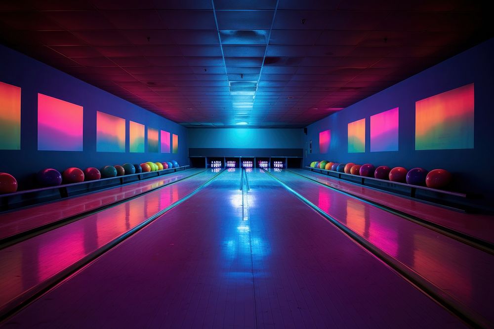 Empty neon bowling room sports architecture illuminated.