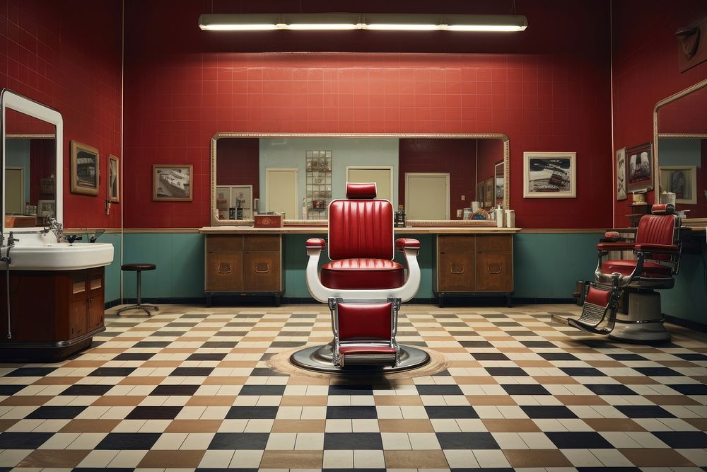 Empty retro barber barbershop chair architecture.