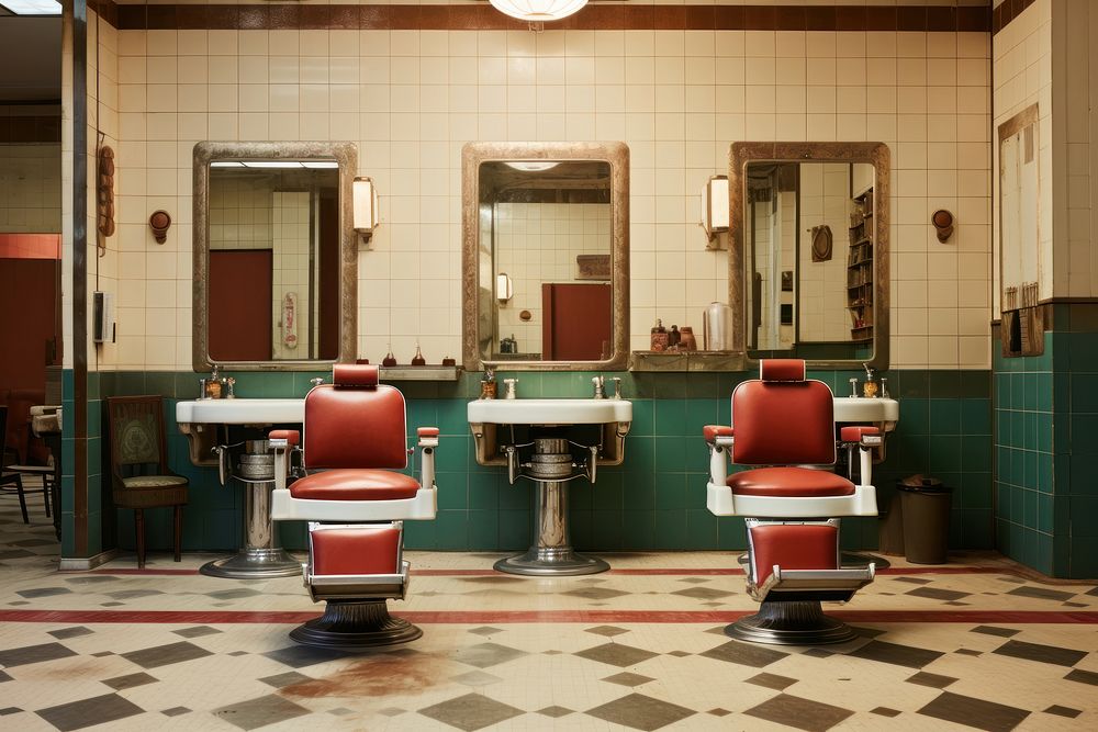 Empty retro barber barbershop chair sink.