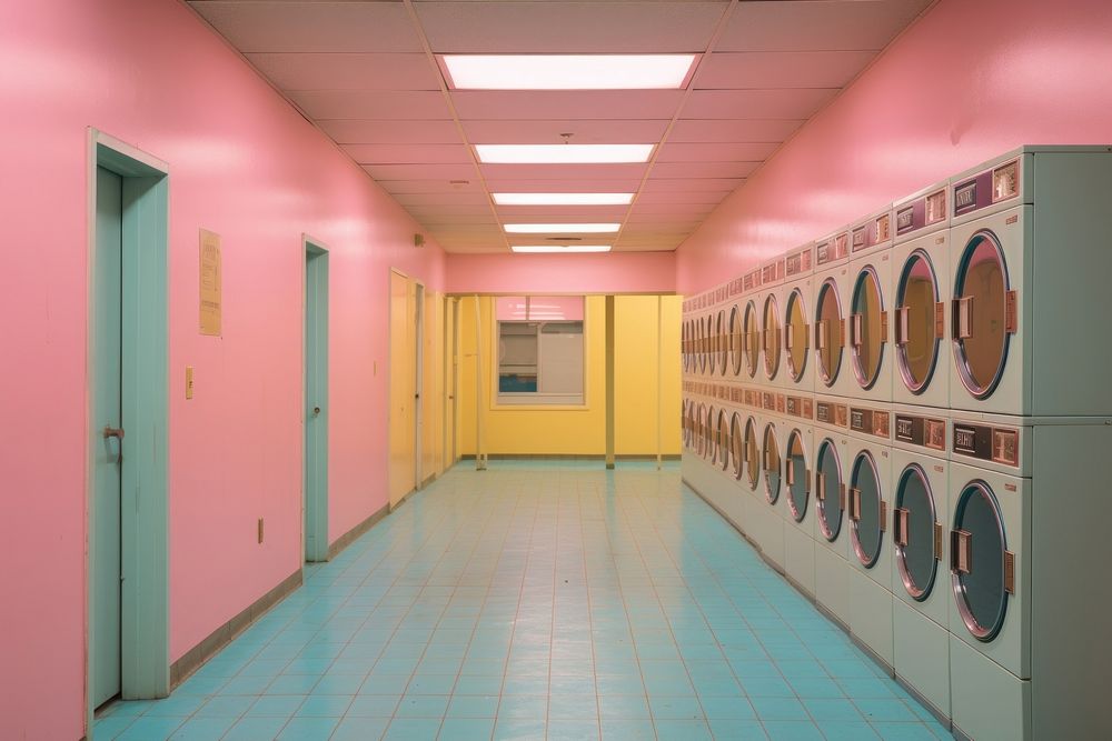 Neon 90s hallway laundromats appliance laundry dryer.