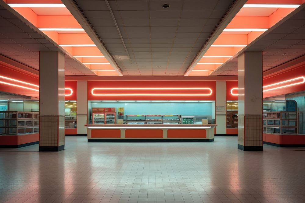 Neon retro grocery store emptry architecture illuminated supermarket.