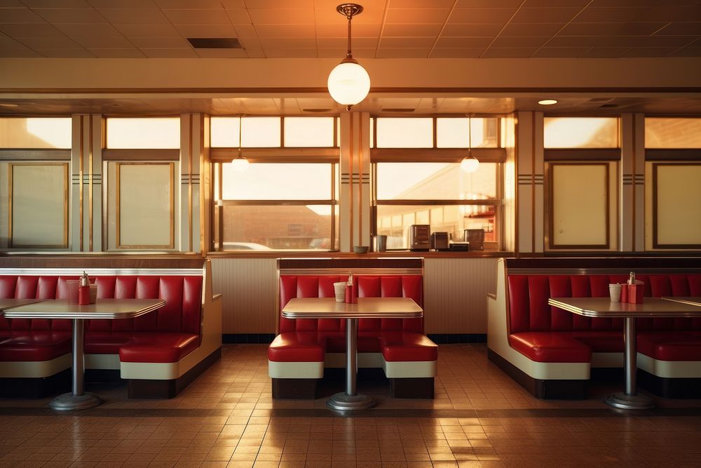 White - red retro american diner empty architecture restaurant furniture.