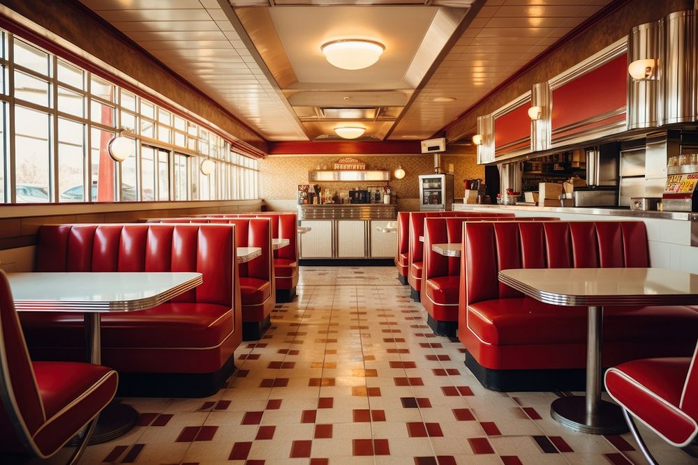 White - red retro american diner empty architecture restaurant cafeteria.