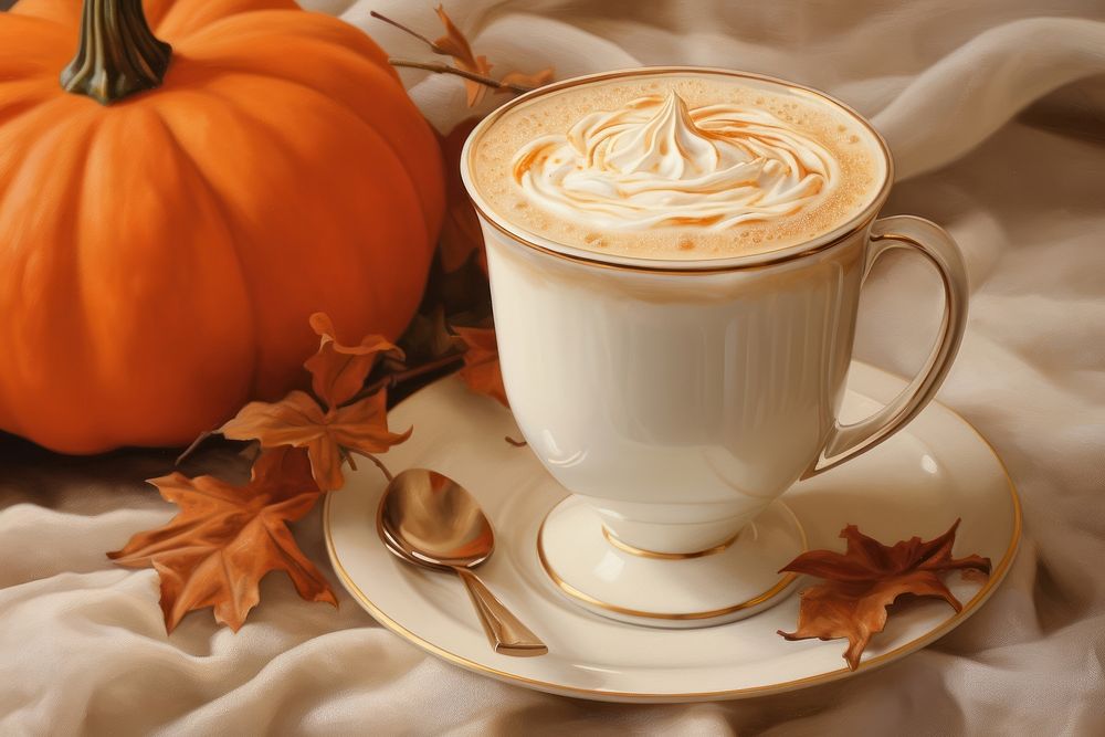 Pumpkin spice drink coffee saucer latte.