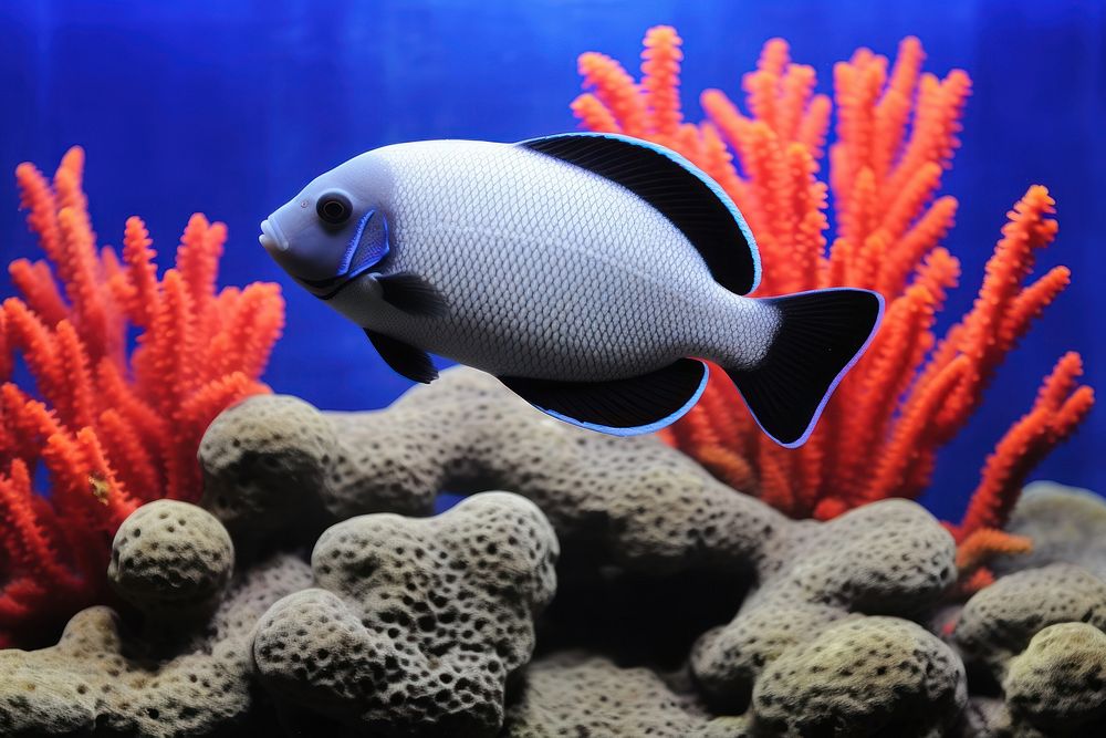 Fish in coral reef wildlife aquarium outdoors.