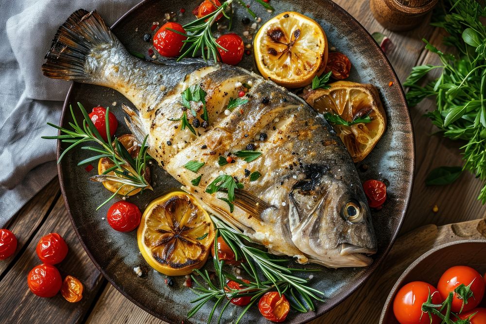 Oven roasted fish on platter seafood table meat. AI generated Image by rawpixel.