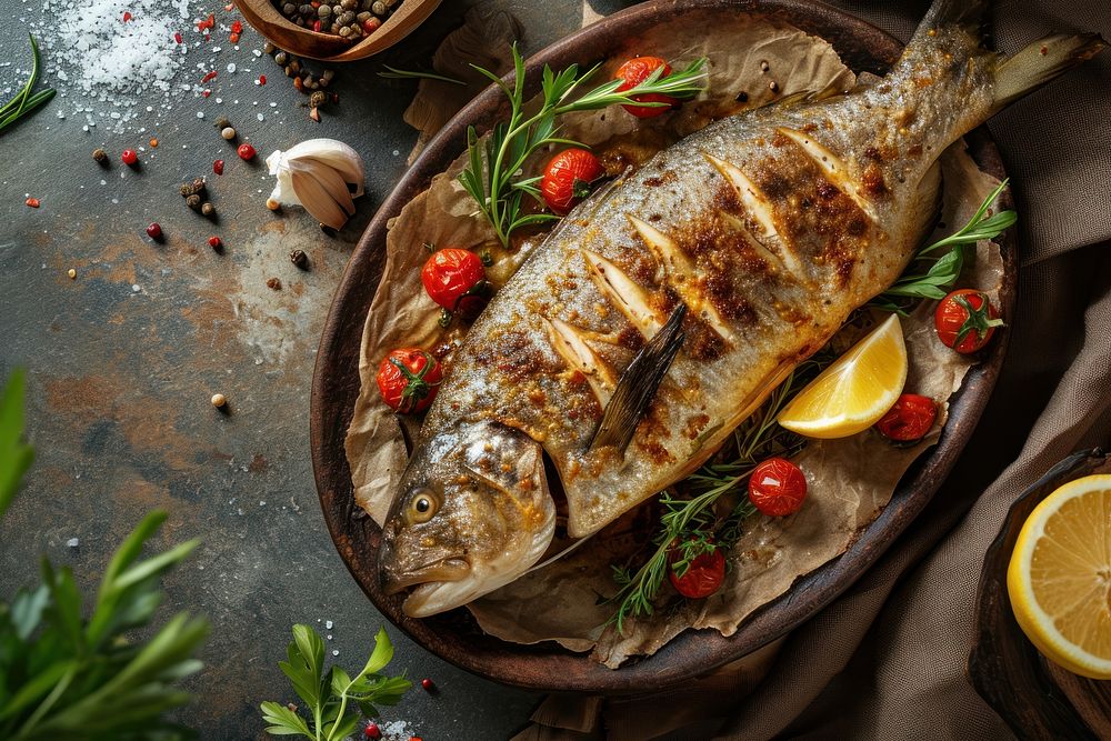 Oven roasted fish on platter seafood table meat. AI generated Image by rawpixel.