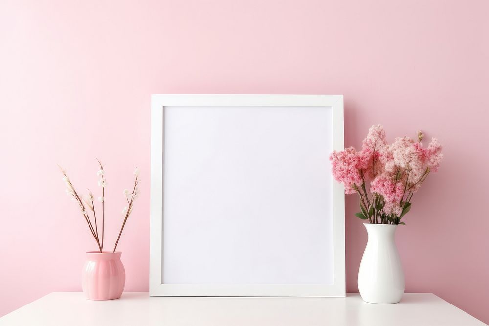 Flower Picture frame mock up plant pink wall. AI generated Image by rawpixel.
