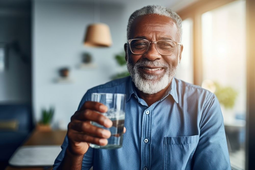 Black senior man drinking water at home refreshment relaxation retirement. AI generated Image by rawpixel.