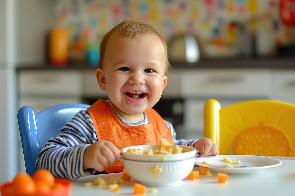Cute toddler boy baby eating table.