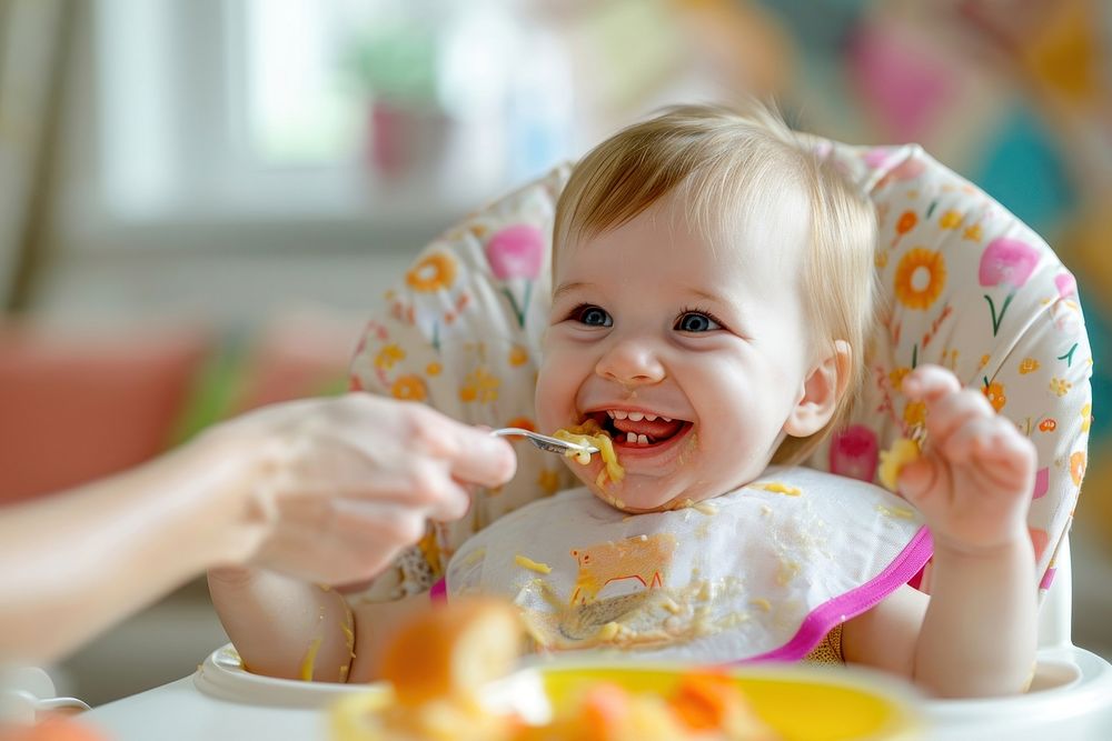 Cute toddler girl baby eating food.
