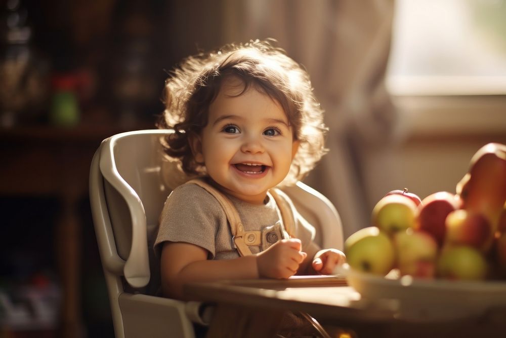 Cute toddler girl baby eating happy.