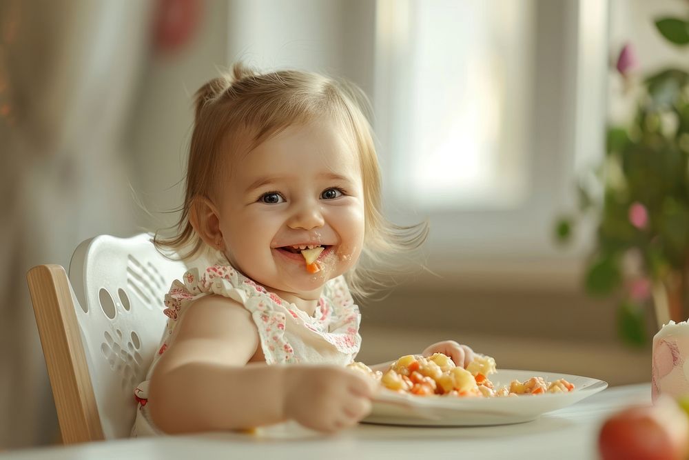 Cute toddler girl baby eating table.