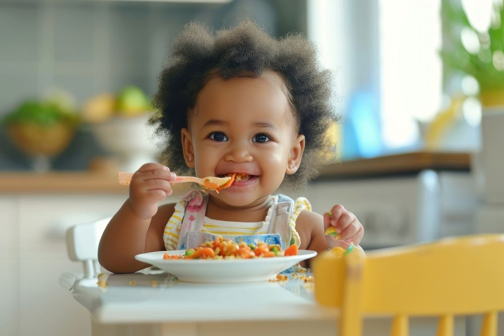 Black toddler girl eating baby happy.