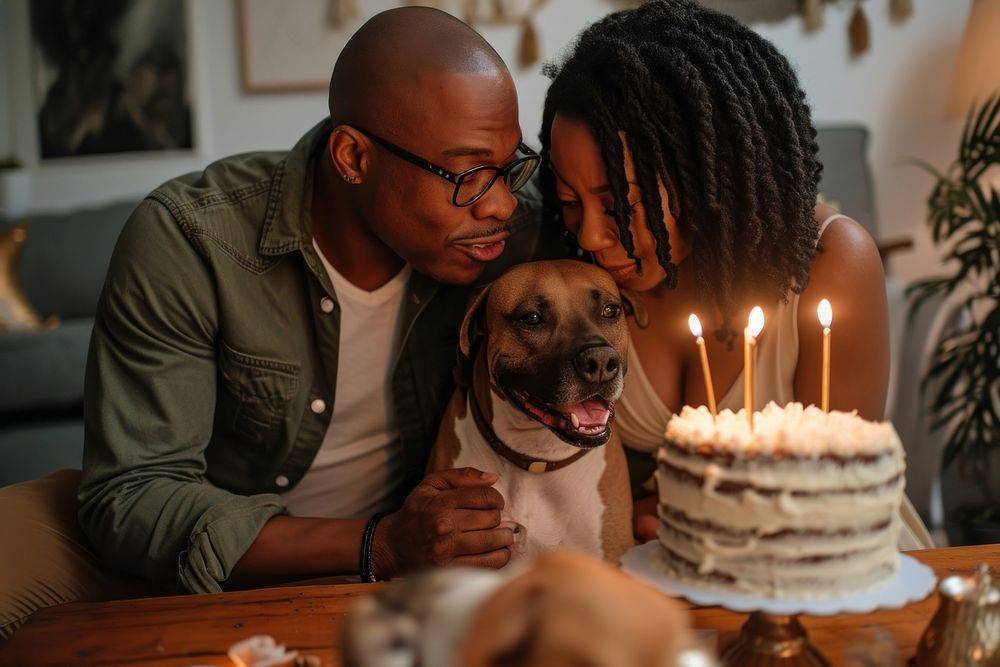 Black couple blowing out candles cake dog birthday. AI generated Image by rawpixel.