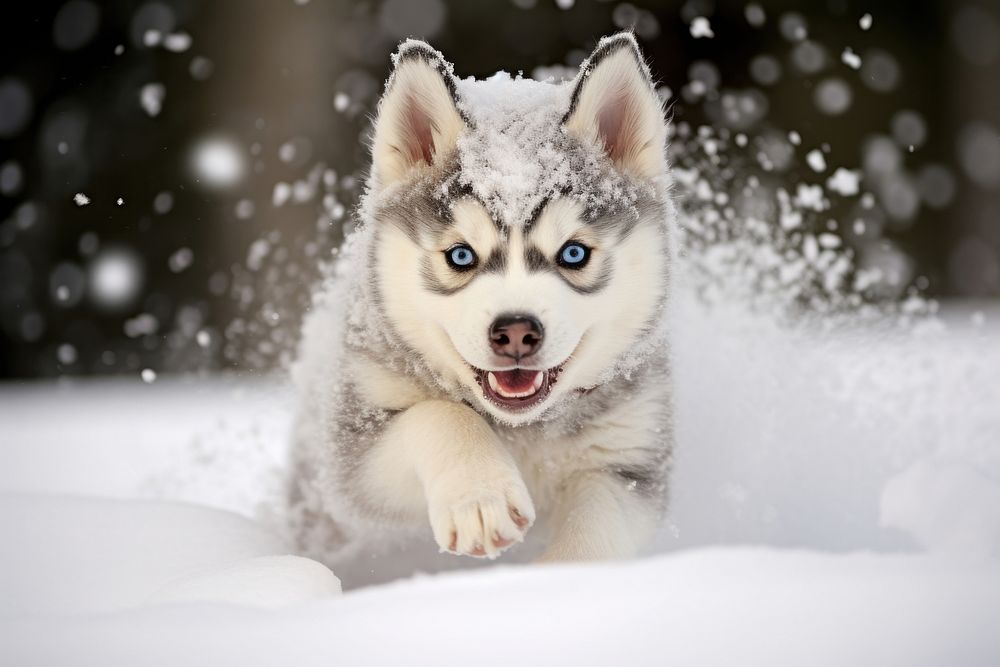Husky puppy playing in snow outdoors mammal animal.
