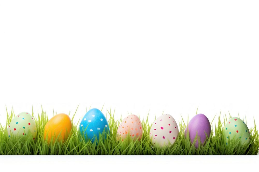 Easter eggs in grass field white background celebration decoration.