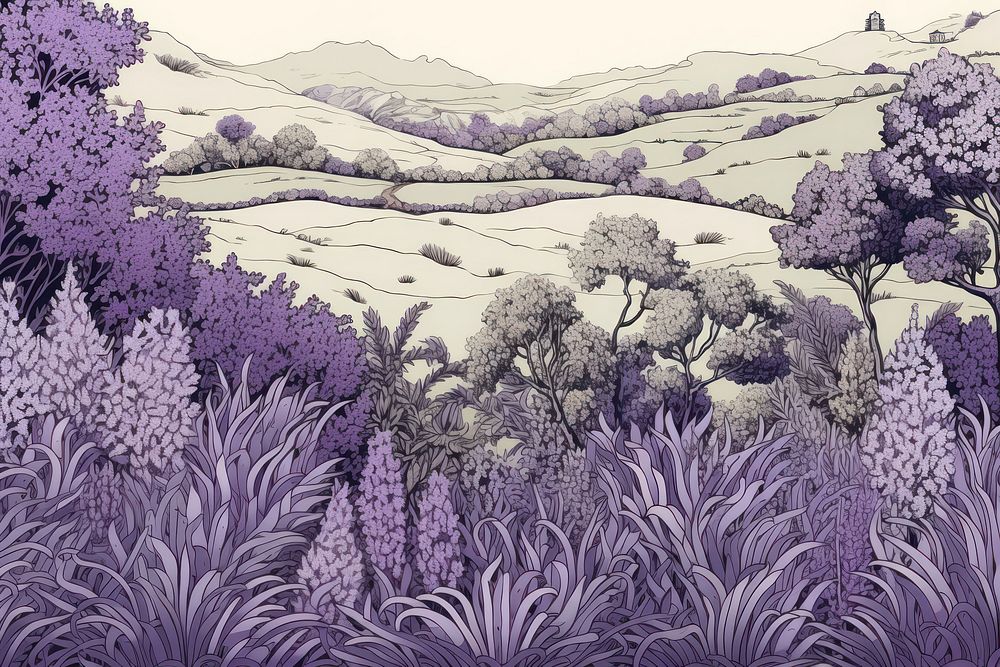 Solid toile wallpaper of lavender field landscape outdoors drawing.